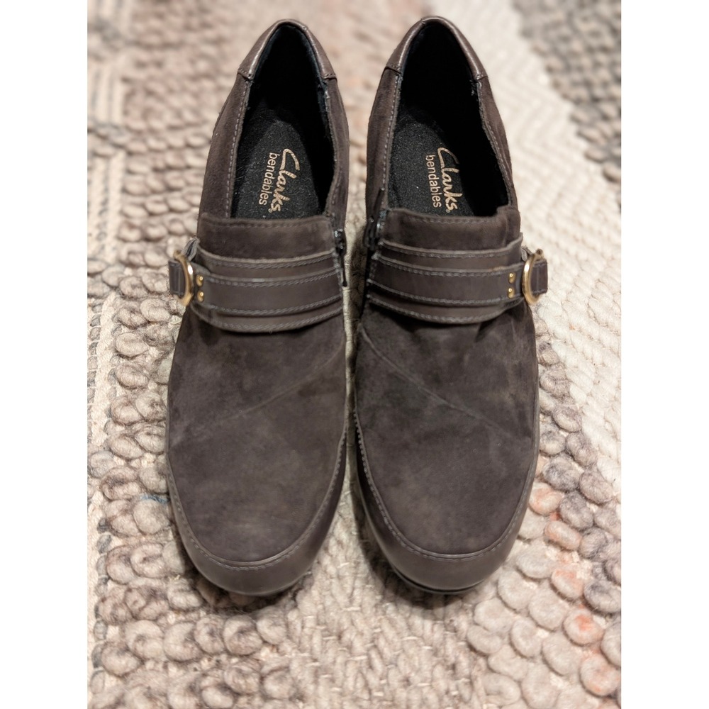Clarks Bendables Brown Leather Suede Buckle Shooties Block Heel Booties 7W
